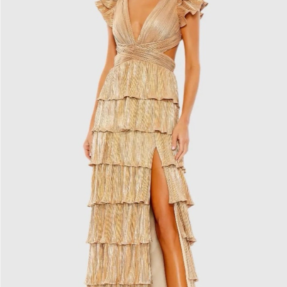 Mac Duggal Gold Ruffled Maxi Dress